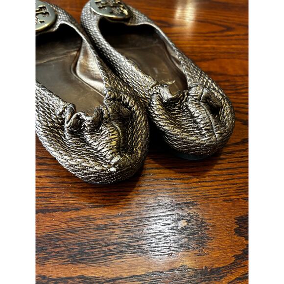 Tory Burch Gold/Brown Python Leather Embossed Reva Ballet Flats Size 7 - Picture 4 of 5